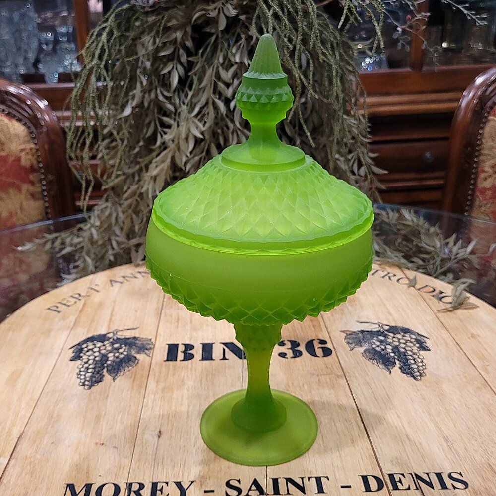Vintage Satin Green Diamond Cut Indiana Glass Pedestal Candy Dish MCM